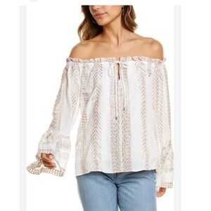 Hale Bob Women's Off the Shoulder Top White Gold Embroidered Blouse- Size Small‎